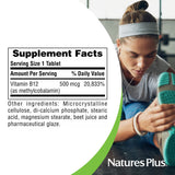 NaturesPlus B12 500 mcg, caja destacada para energía y defensa cotidiana.