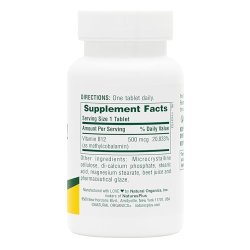 NaturesPlus B12 500 mcg, detalle-tableta para toma diaria fácil.