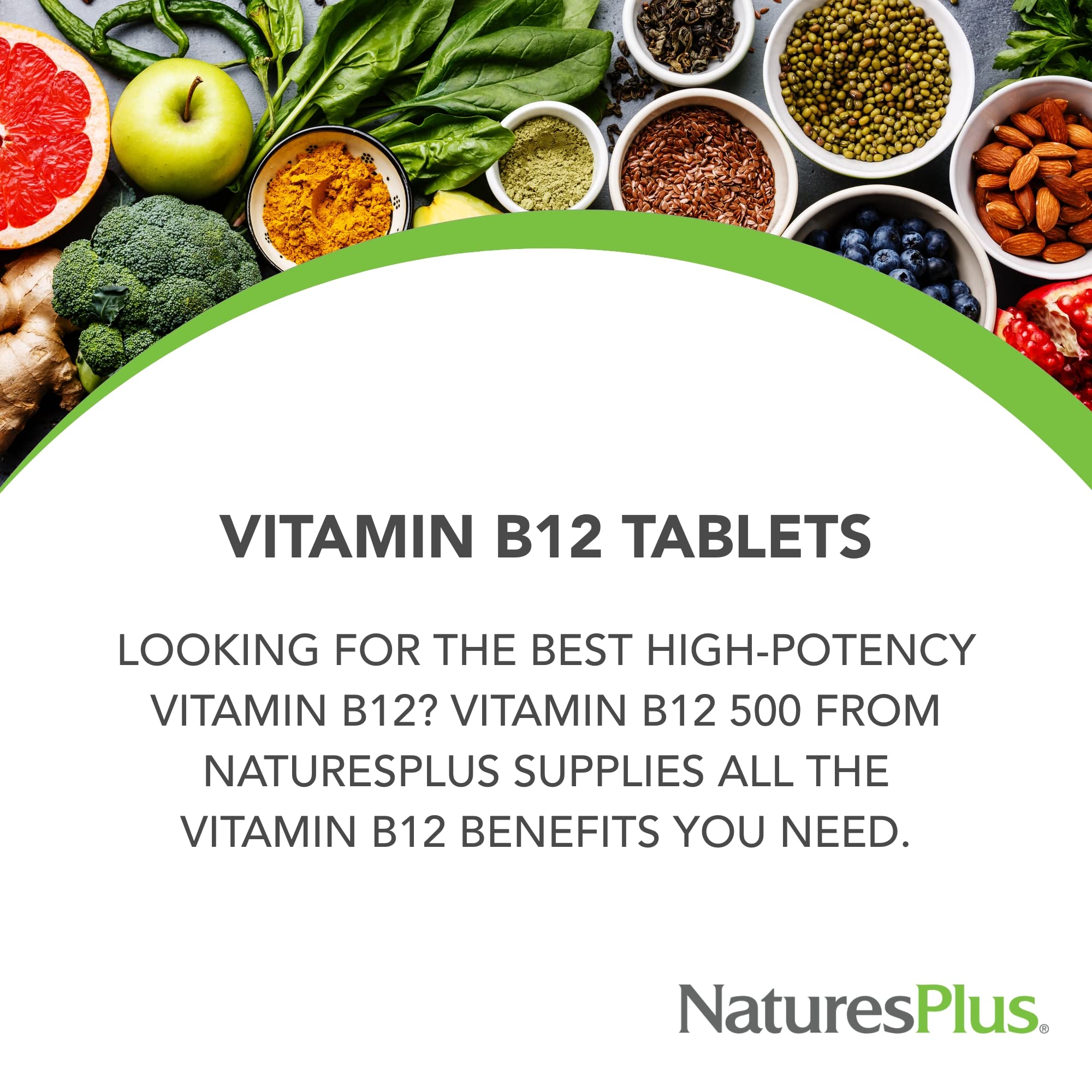 NaturesPlus B12 500 mcg, etiqueta nutricional con opción sin gluten.
