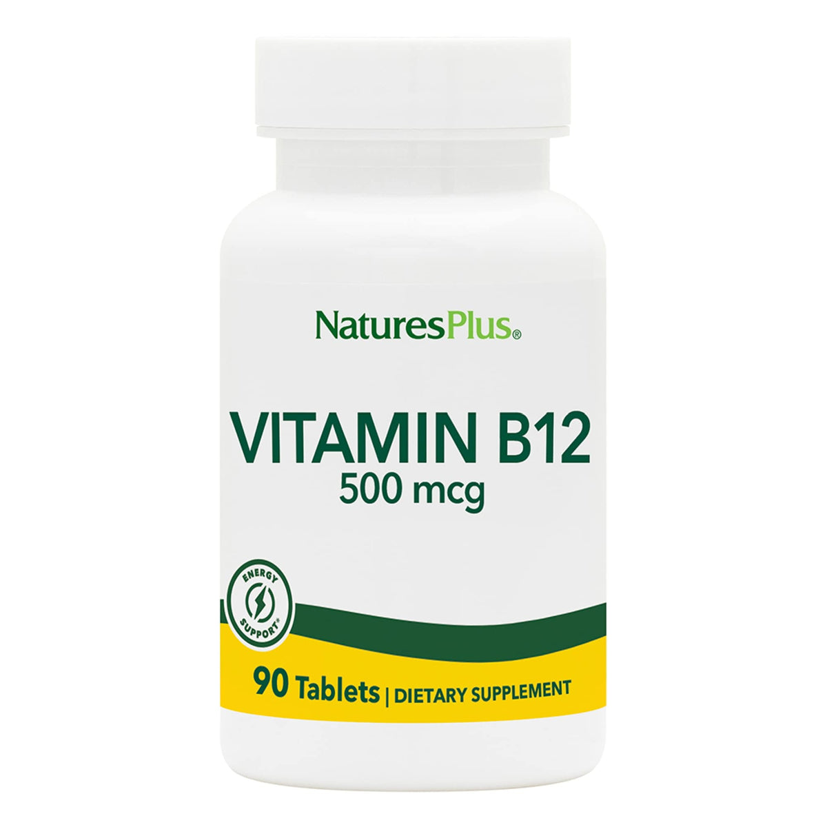 NaturesPlus B12 500 mcg frente a la botella, apoyo a la energía diaria.