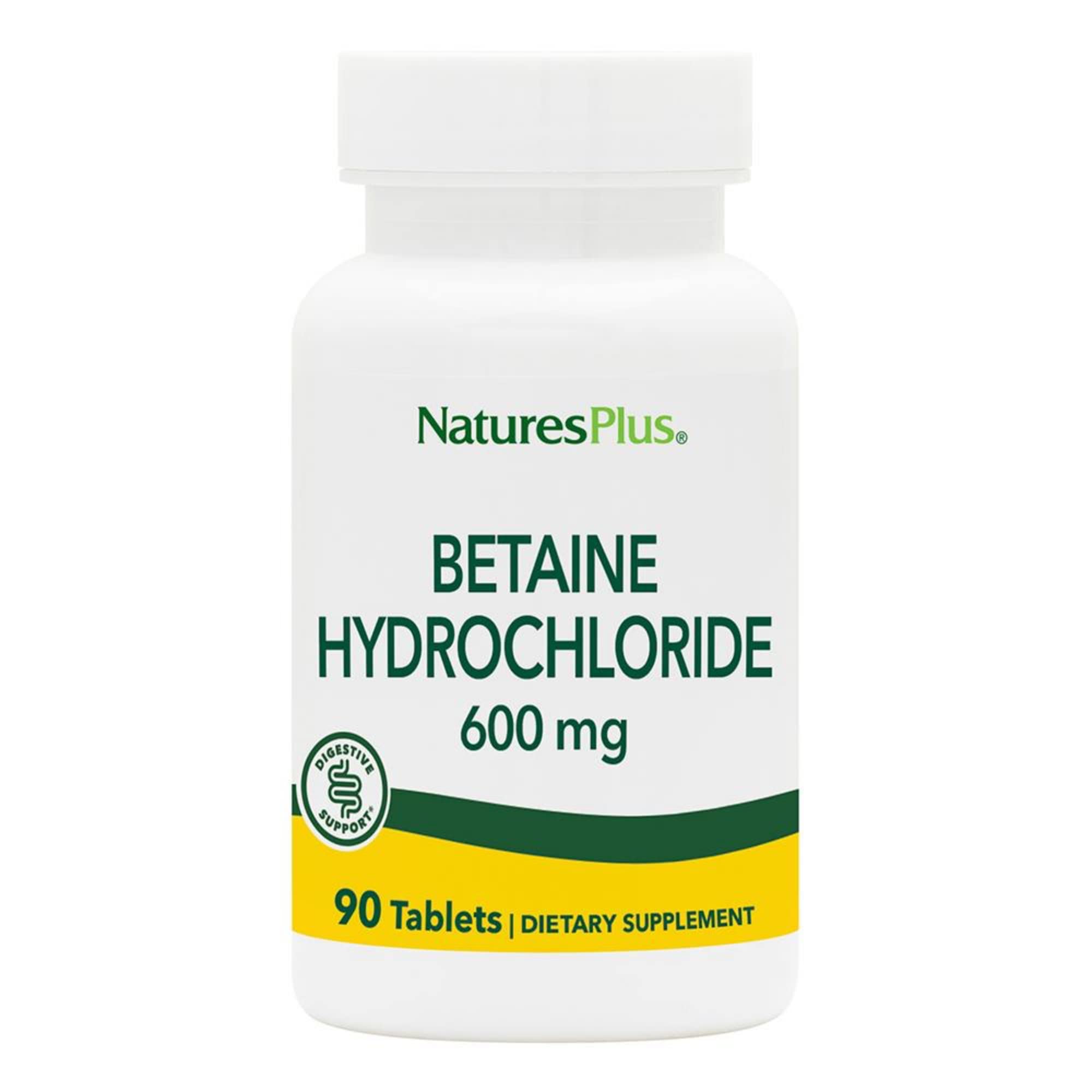 NaturesPlus betaina hidrocloruro 600 mg, envase frontal, posible apoyo digestivo