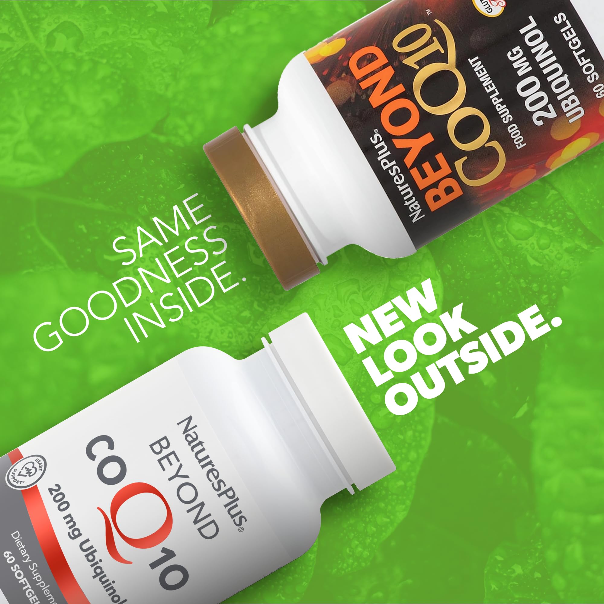 Detalle de cápsulas blandas de NaturesPlus Beyond CoQ10 para uso diario.