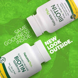 NaturesPlus Biotina 10,000 mcg, enfoque en cabello, piel y uñas para un aspecto saludable.