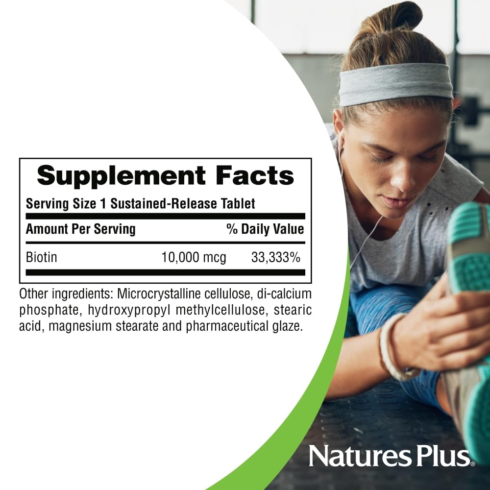 NaturesPlus Biotina, embalaje de 90 tabletas para rutina diaria.