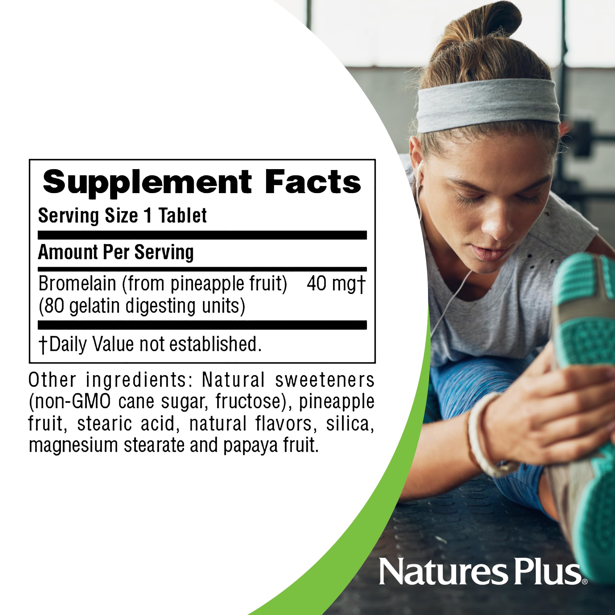 NaturesPlus Bromelina masticables, libre de colorantes artificiales.