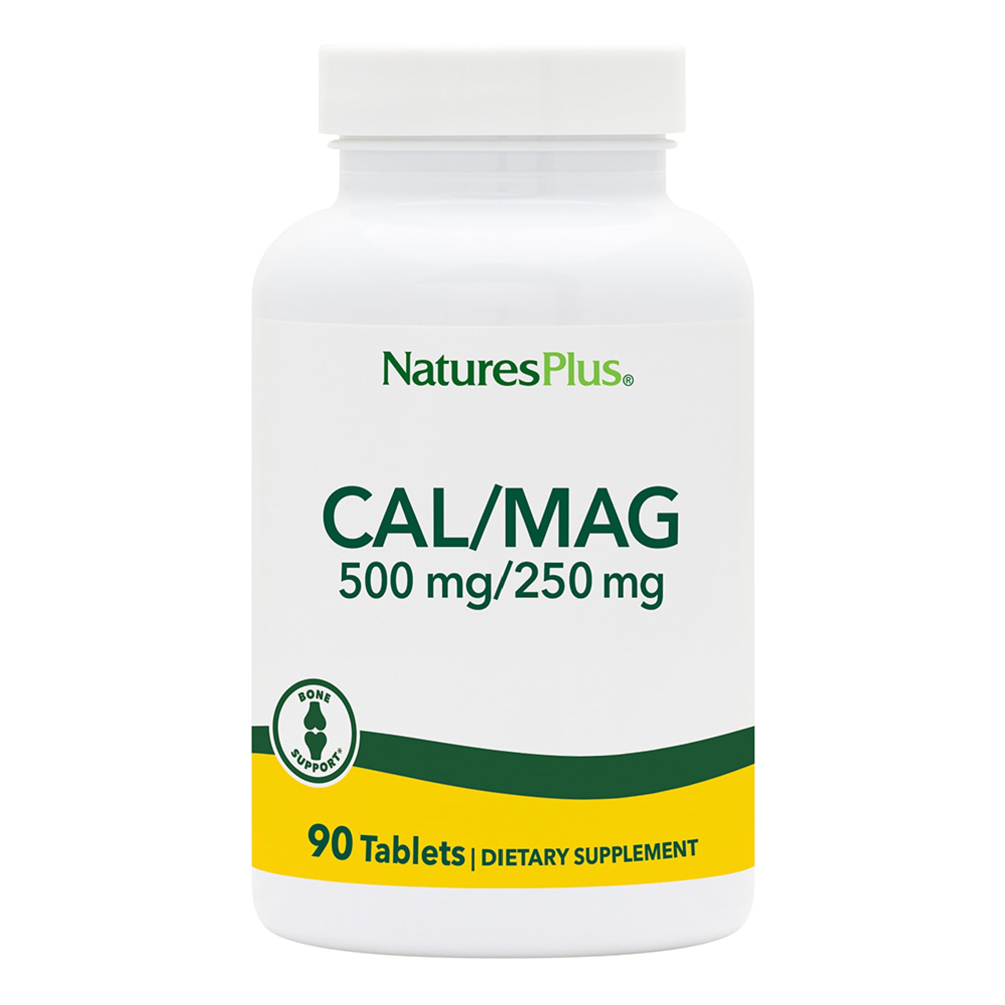 NaturesPlus Cal/Mag, botella frontal, ideal para planificar la ingesta diaria de calcio y magnesio.