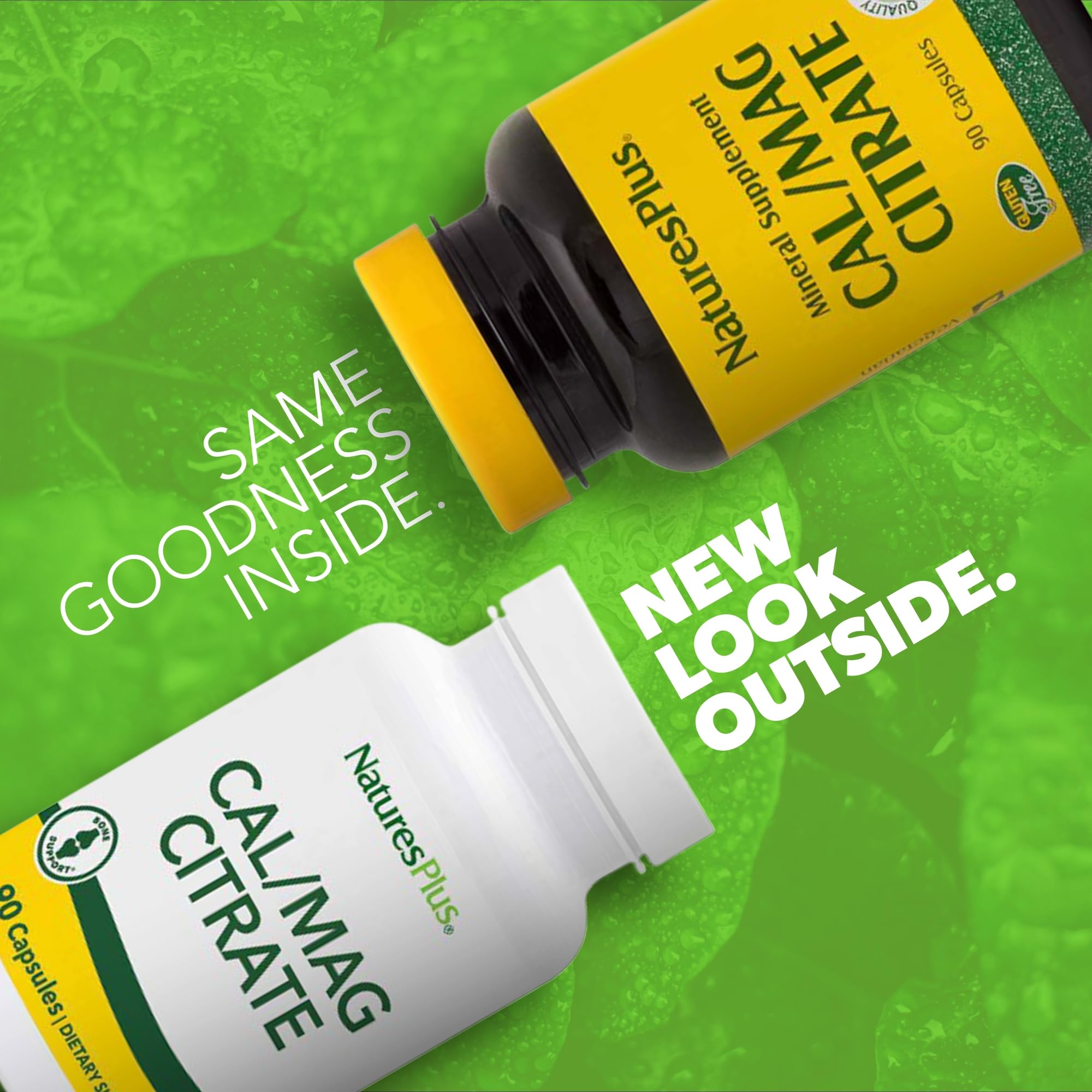 NaturesPlus Cal/Mag Citrate, cápsulas dentro de la botella, fácil ingesta diaria.