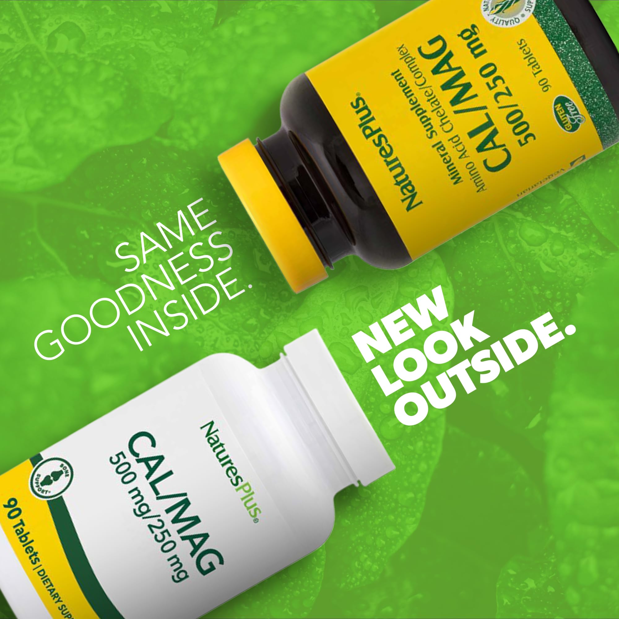 NaturesPlus Cal/Mag, etiqueta detallada, ayuda a identificar ingredientes y dosis sugerida.