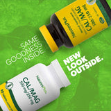 NaturesPlus Cal/Mag, etiqueta detallada, ayuda a identificar ingredientes y dosis sugerida.
