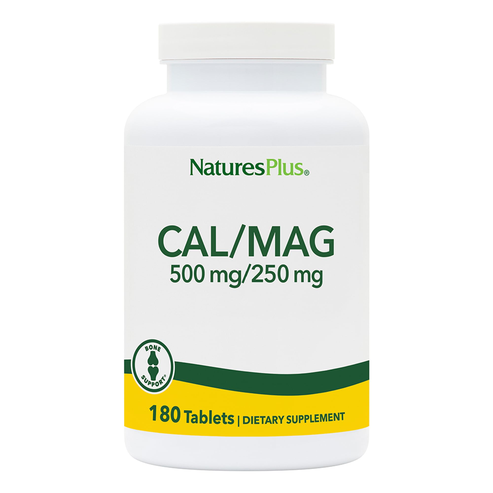 NaturesPlus Cal/Mag frasco de tabletas vegetarianas para apoyar músculos y nervios.