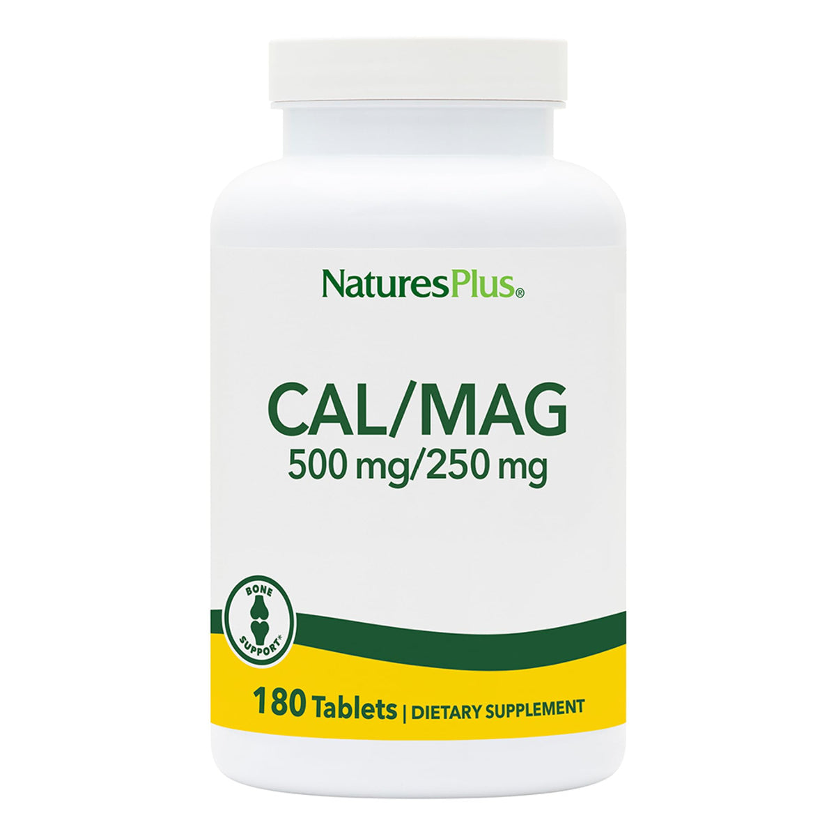 NaturesPlus Cal/Mag frasco de tabletas vegetarianas para apoyar músculos y nervios.