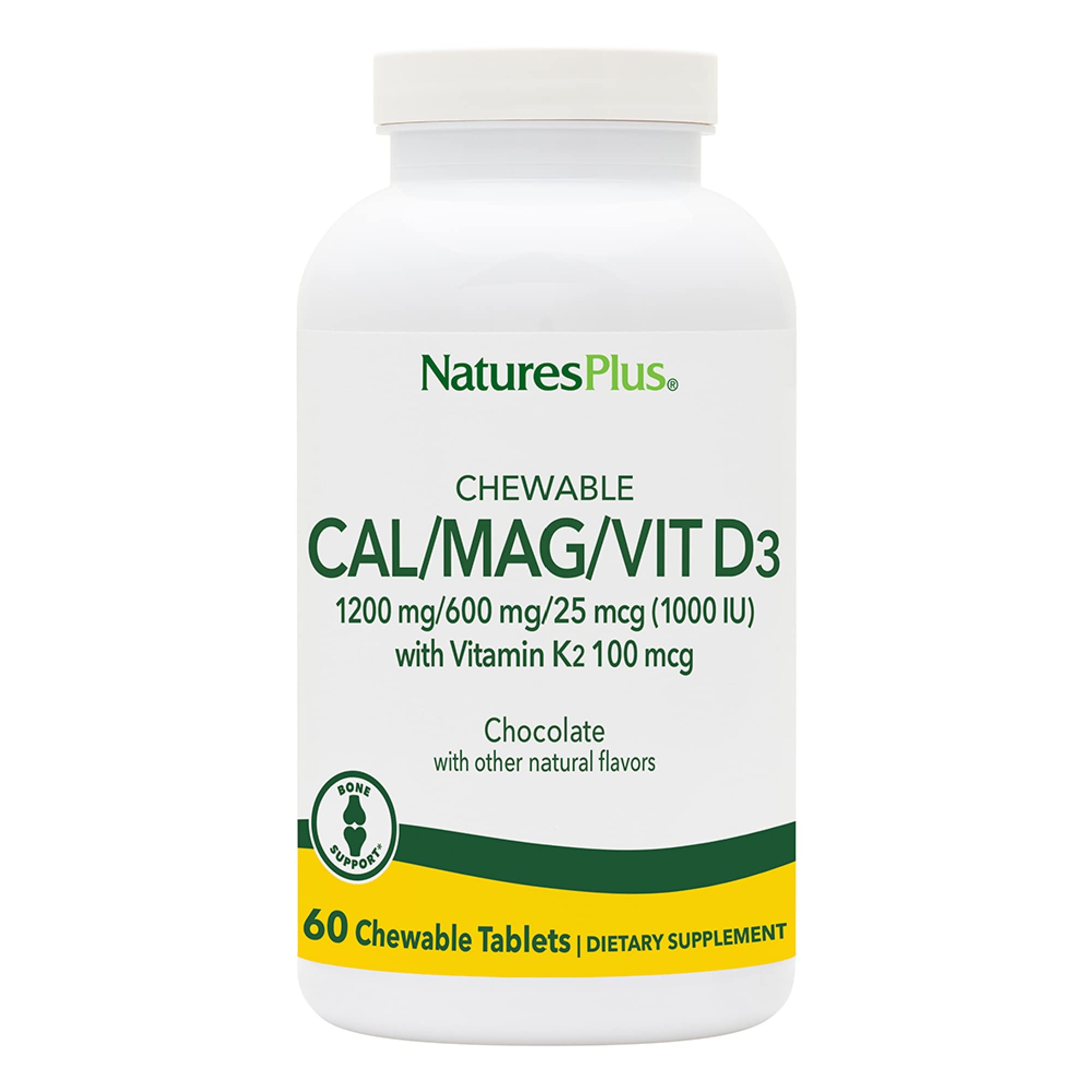NaturesPlus Cal/Mag/Vit D3 con sabor chocolate, botella, apoyo diario a la salud ósea