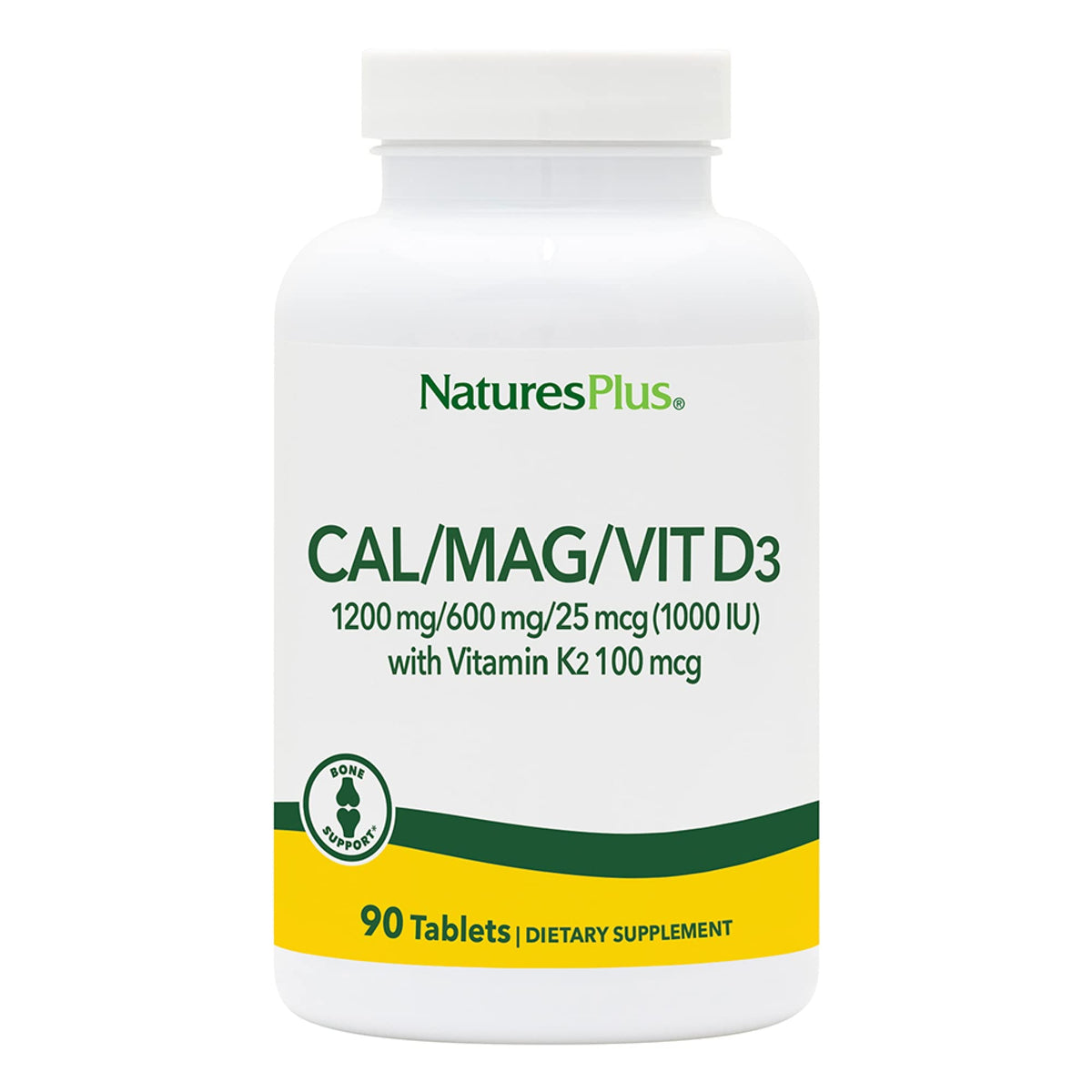NaturesPlus Calcio-Magnesio-D3-K2 frente de la botella para soporte óseo