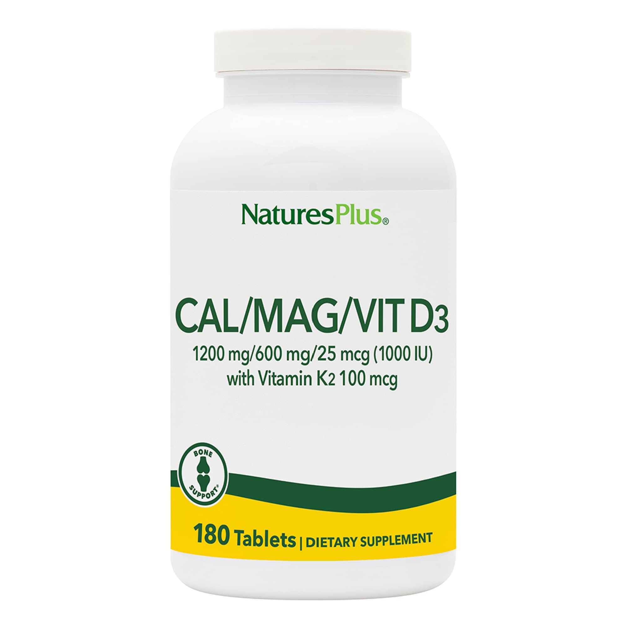 NaturesPlus Calcio Magnesio D3 K2 en botella para soporte óseo