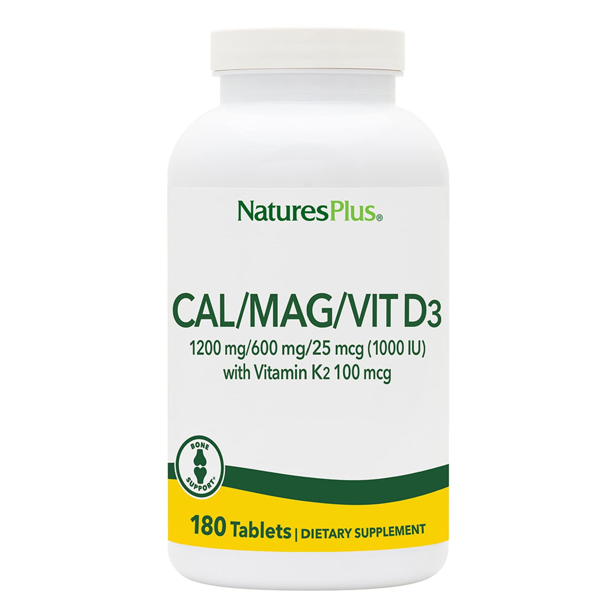 NaturesPlus Calcio Magnesio D3 K2 en botella para soporte óseo