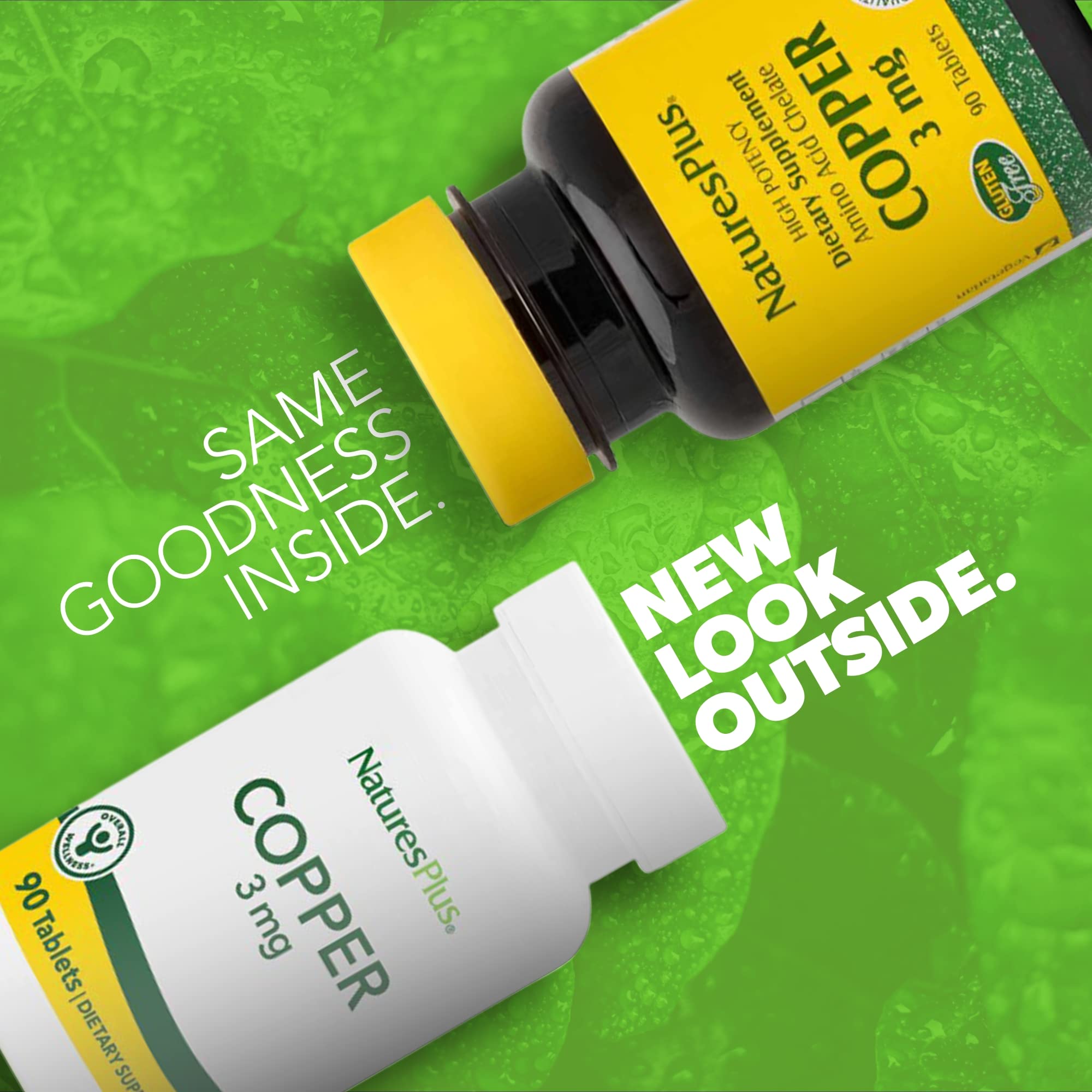 NaturesPlus Copper 3 mg, etiqueta, dosis clara para apoyar la salud diaria.