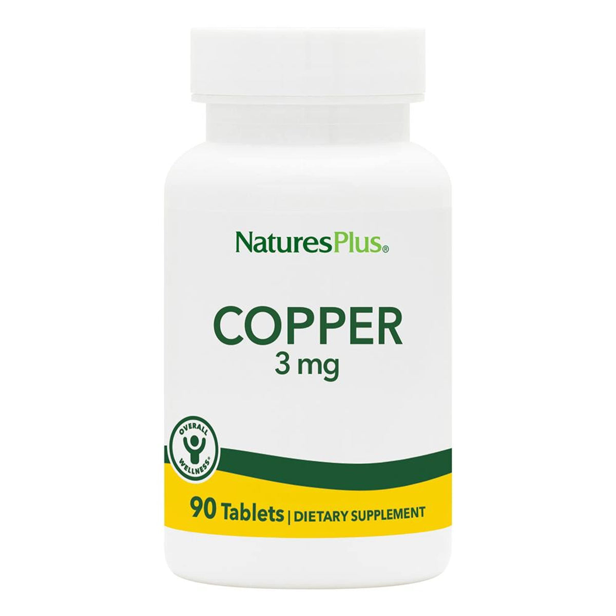 NaturesPlus Copper 3 mg, frente del bote, apoyo diario para el bienestar.