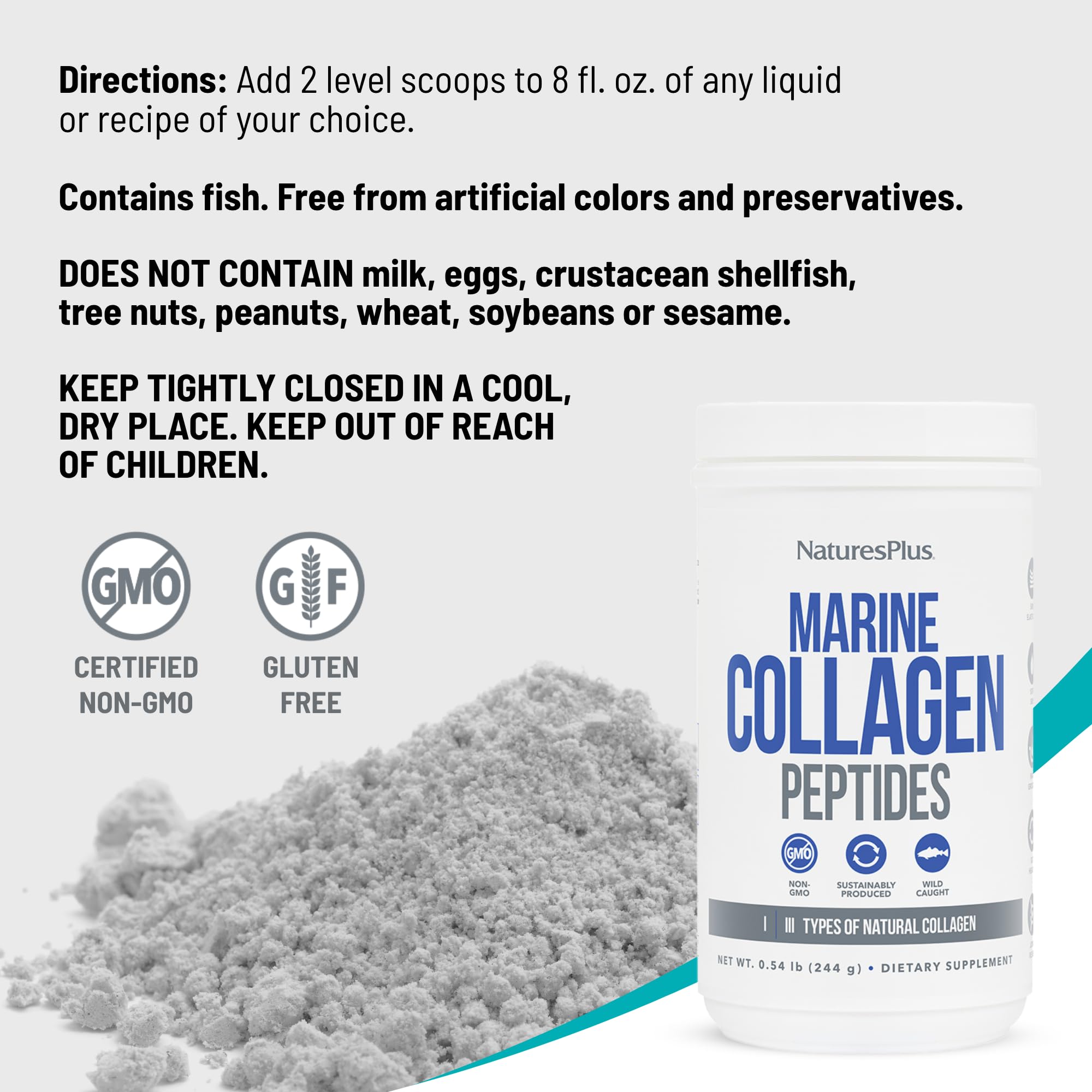 NaturesPlus Colageno Marino, mezcla en bebida fría, rápida y neutra.