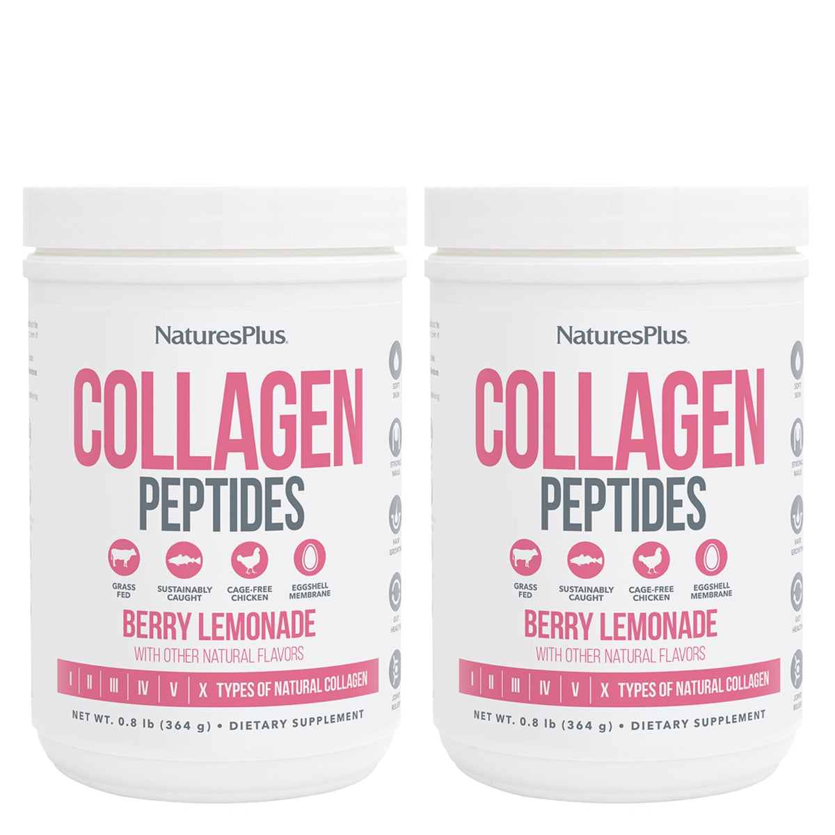 NaturesPlus Colágeno Peptidos Frambuesa Limonada, bote vertiendo para bebidas nutritivas.