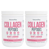 NaturesPlus Colágeno Peptidos Frambuesa Limonada, bote vertiendo para bebidas nutritivas.