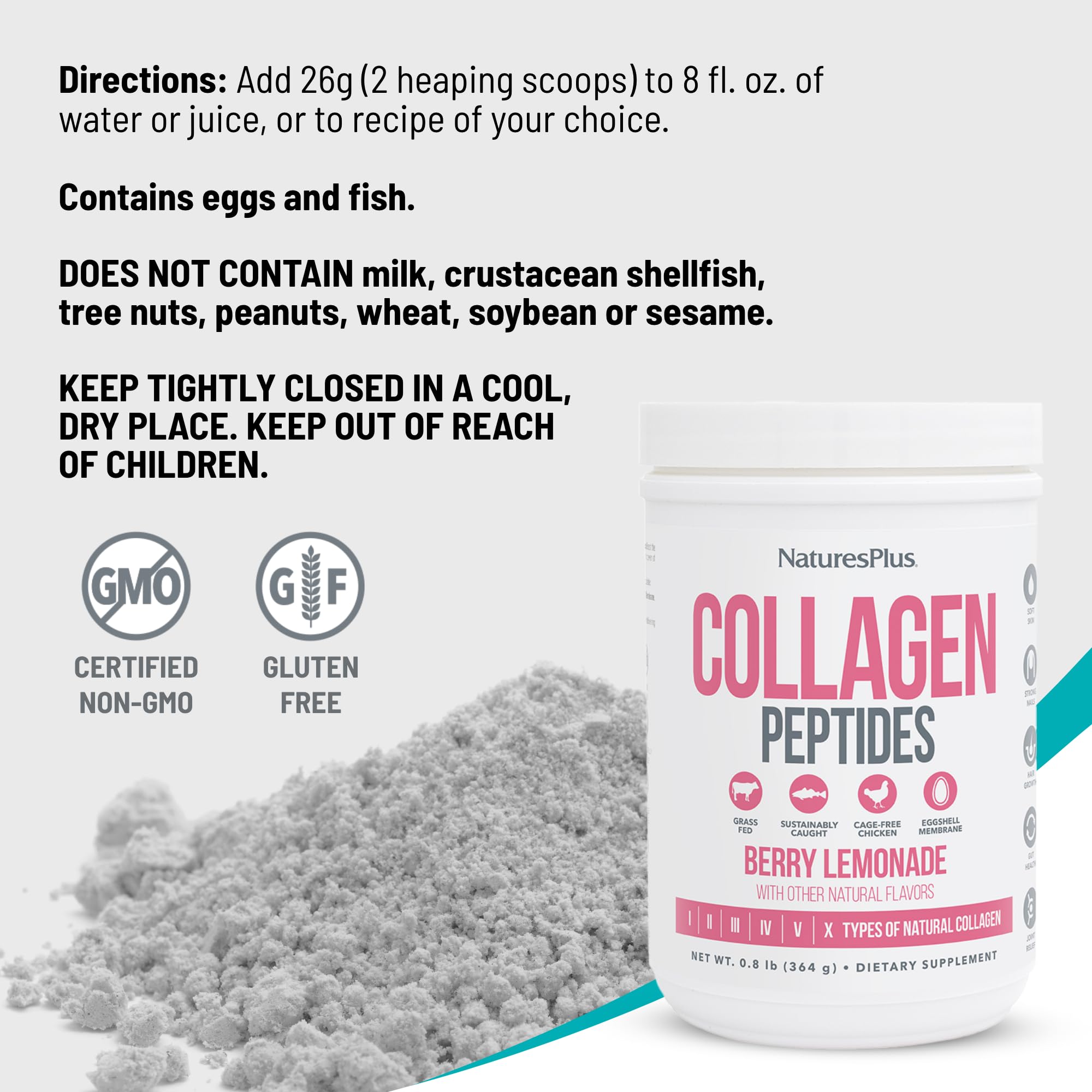 NaturesPlus Colágeno Peptidos Frambuesa Limonada, vaso lleno para consumo diario.