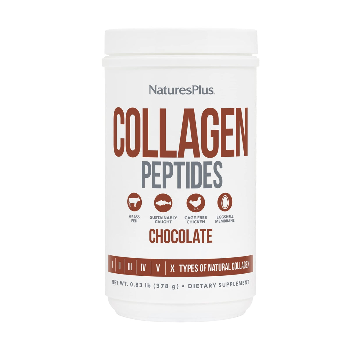 NaturesPlus Collagen Peptides chocolate en bote, favorece cabello y piel.