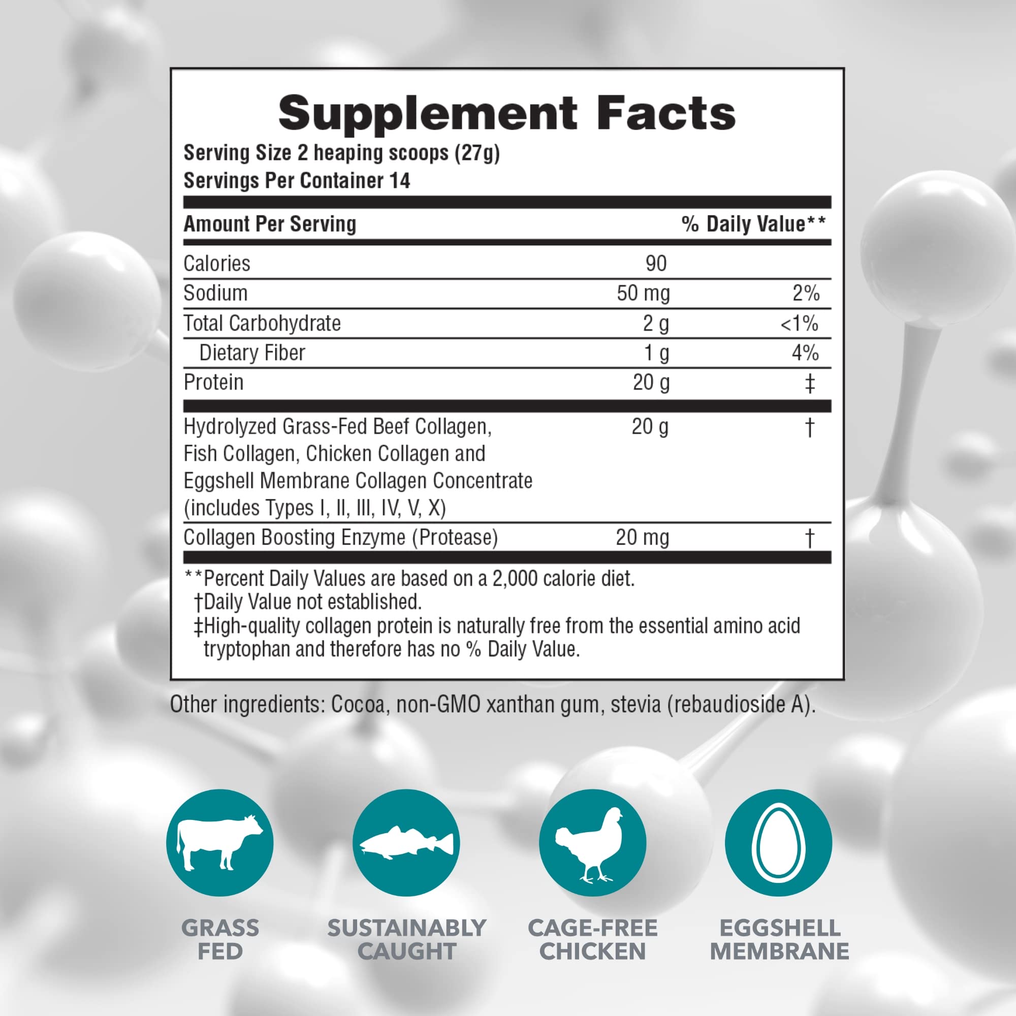 NaturesPlus Collagen Peptides chocolate, cuchara de medición para dosis fácil.