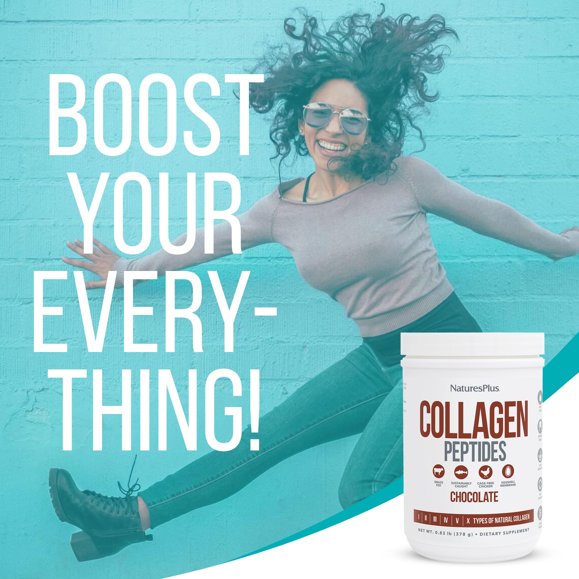 NaturesPlus Collagen Peptides chocolate, preparado en vaso con sabor.
