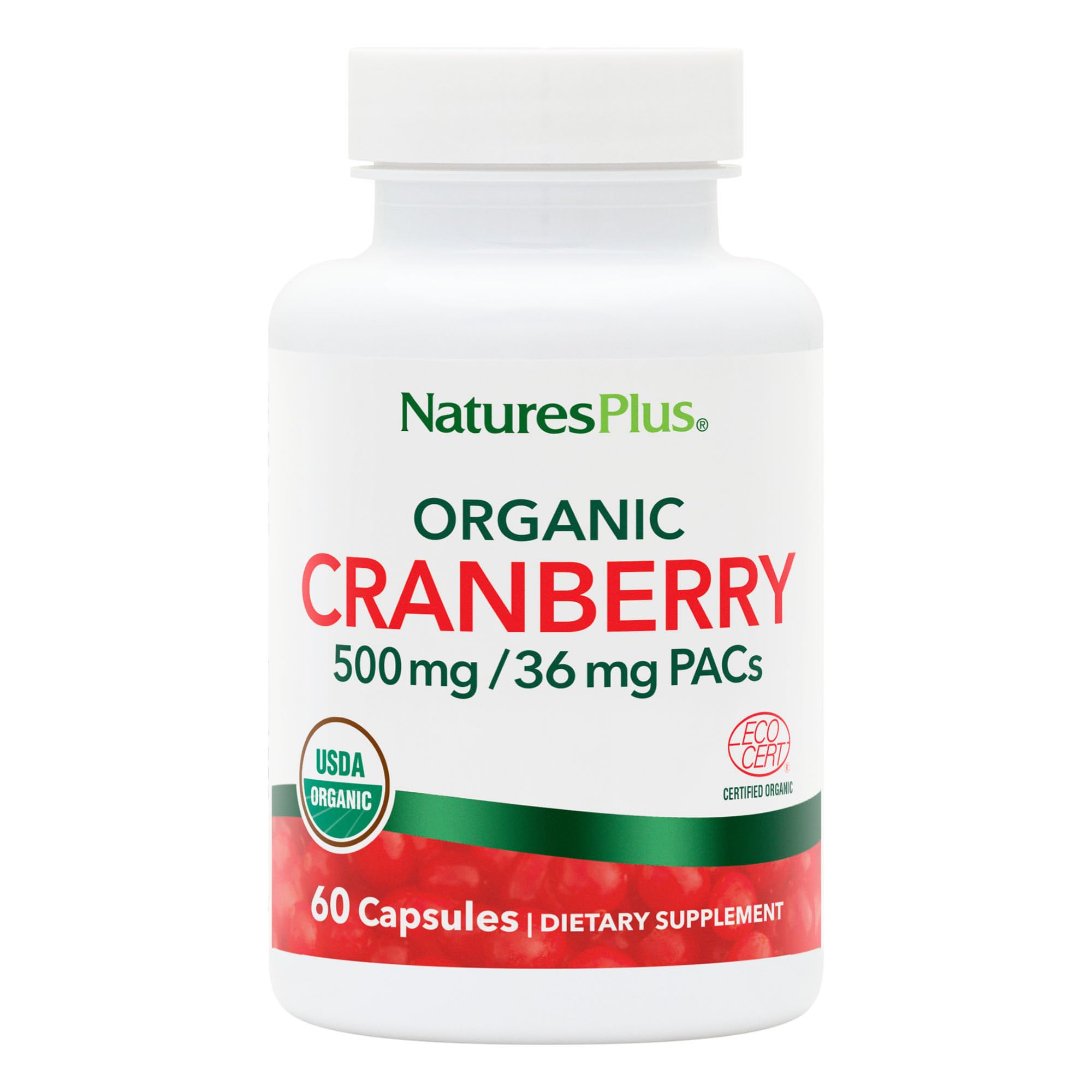 NaturesPlus Cranberry 500 mg: botella con cápsulas para uso diario.