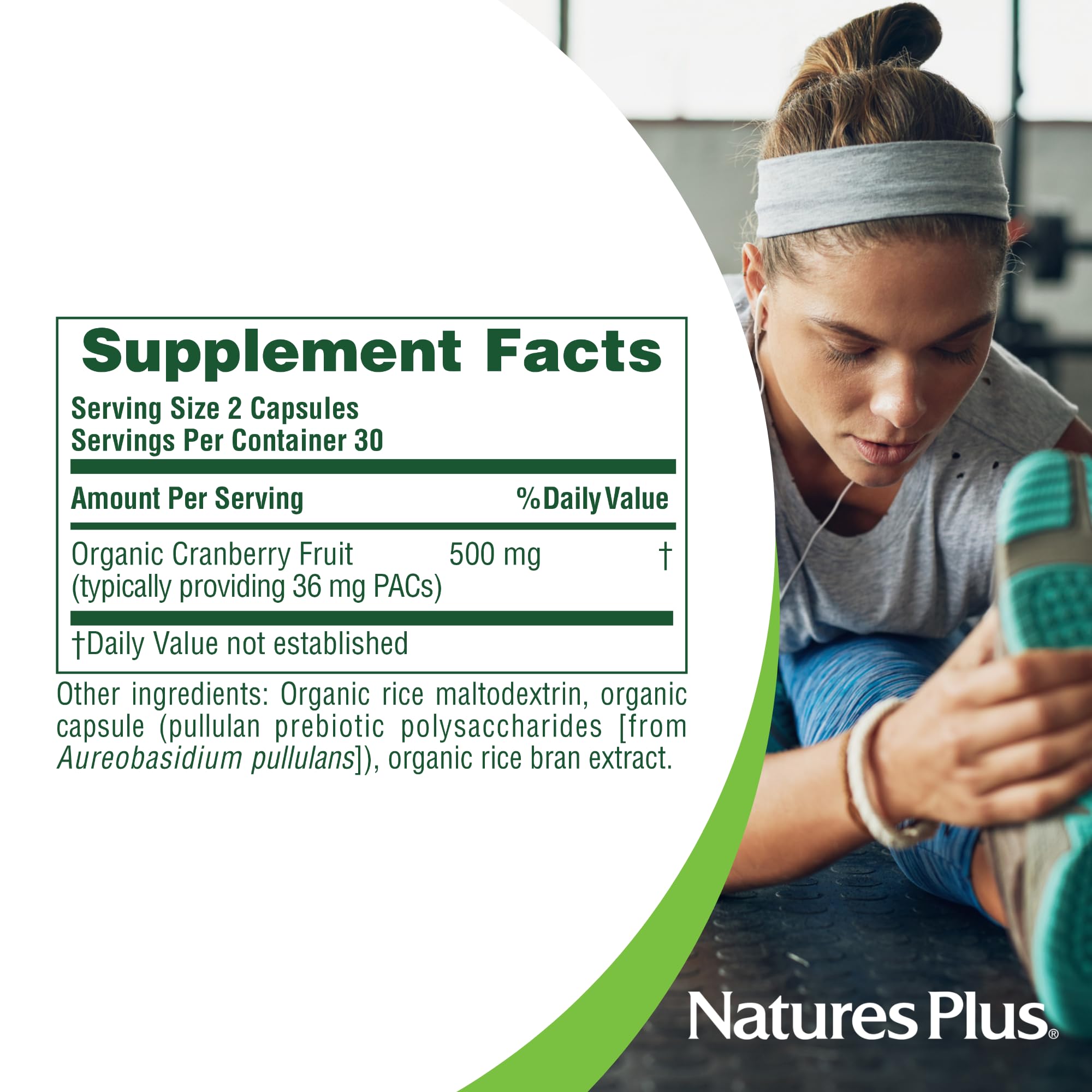 Etiqueta de producto: vegano y sin gluten para Cranberry de NaturesPlus.