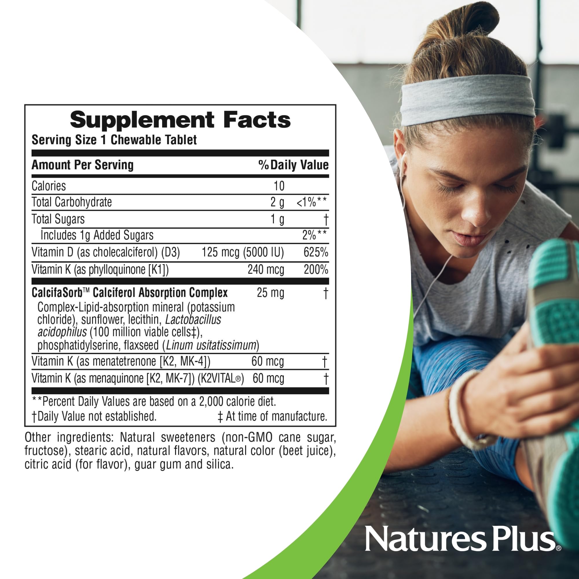 Etiqueta nutricional de NaturesPlus D y K Complex, libre de OGM, gluten y soja.