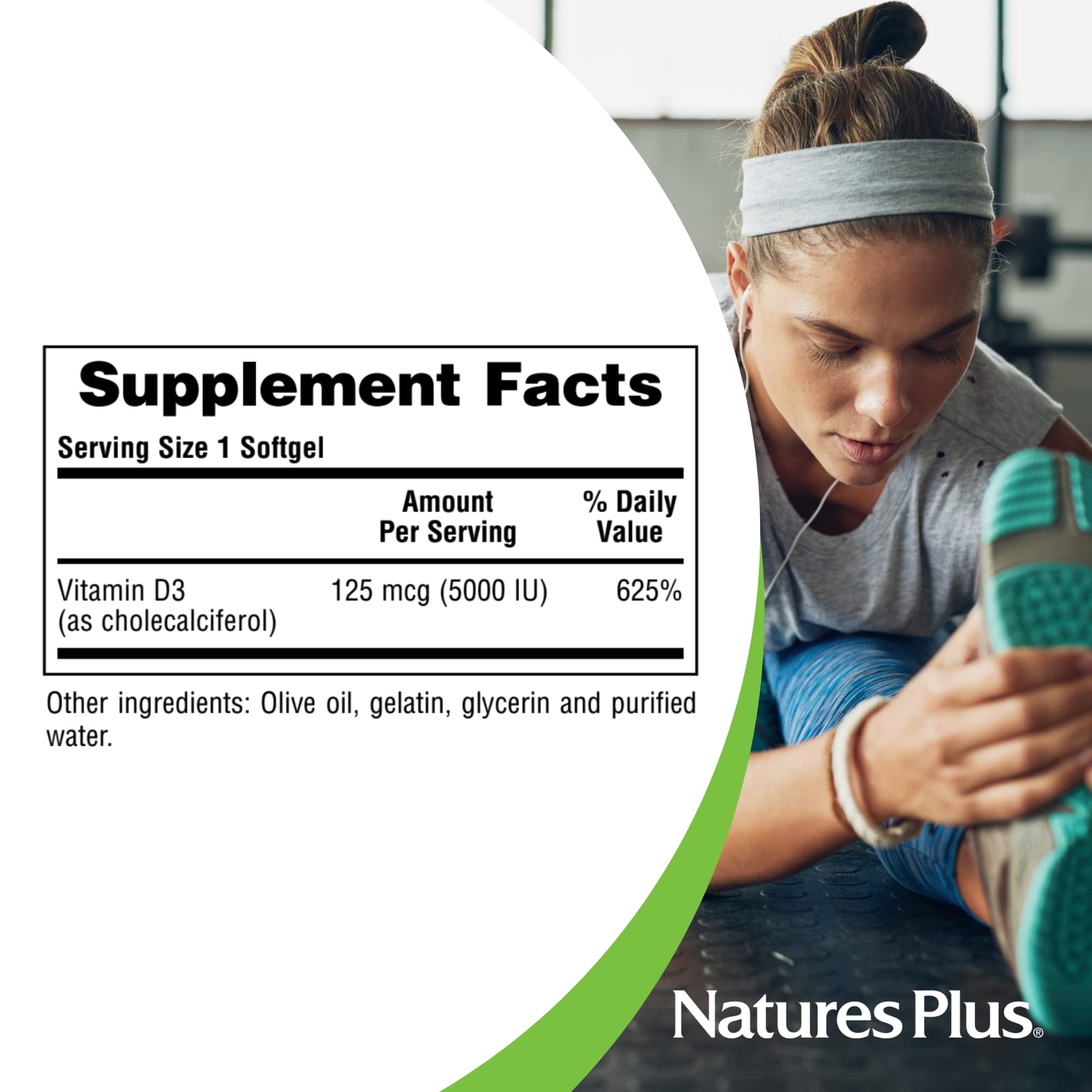 NaturesPlus Vitamina D3 5000 UI, puro, sin colorantes