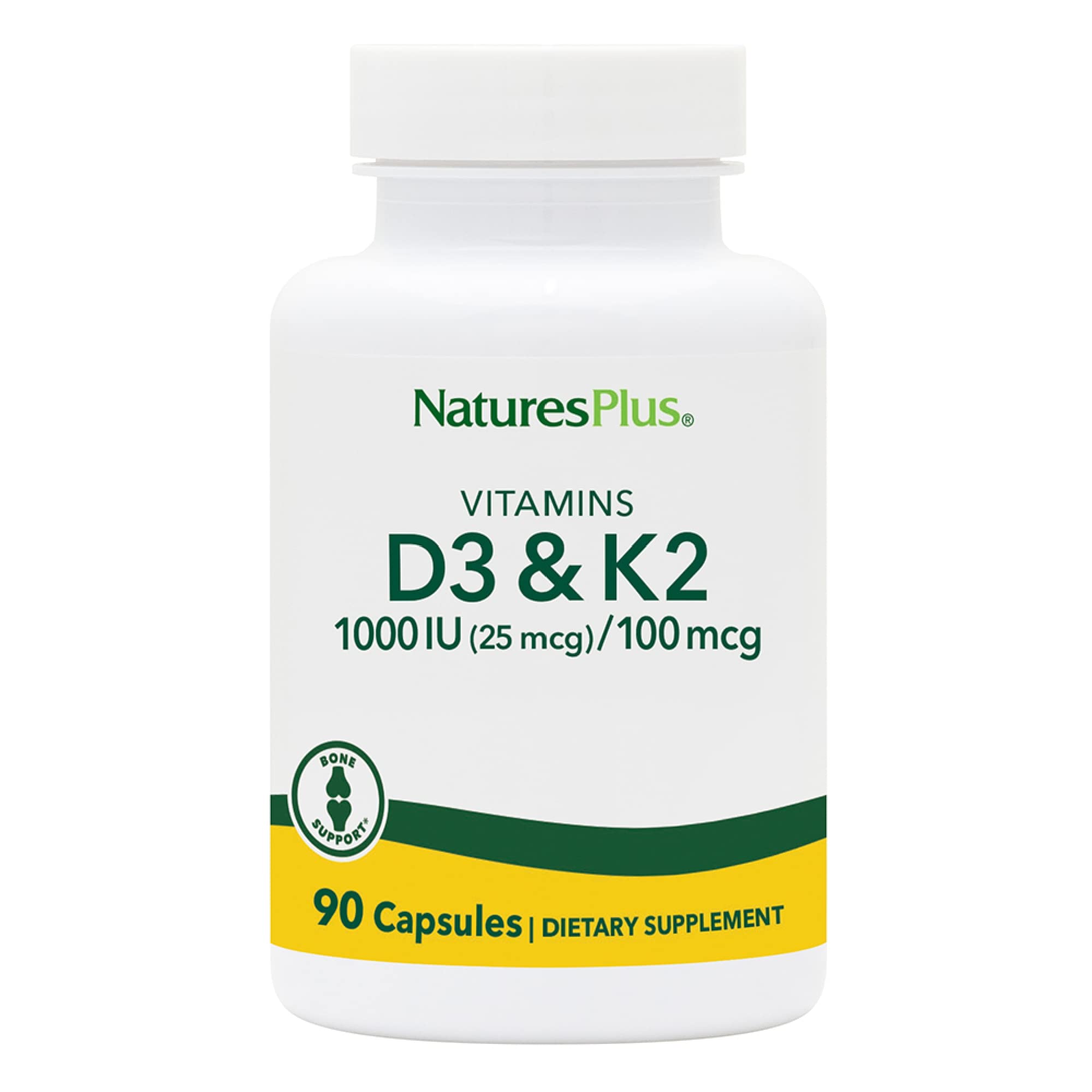 NaturesPlus D3K2 cápsulas vegetarianas en bote para uso diario.