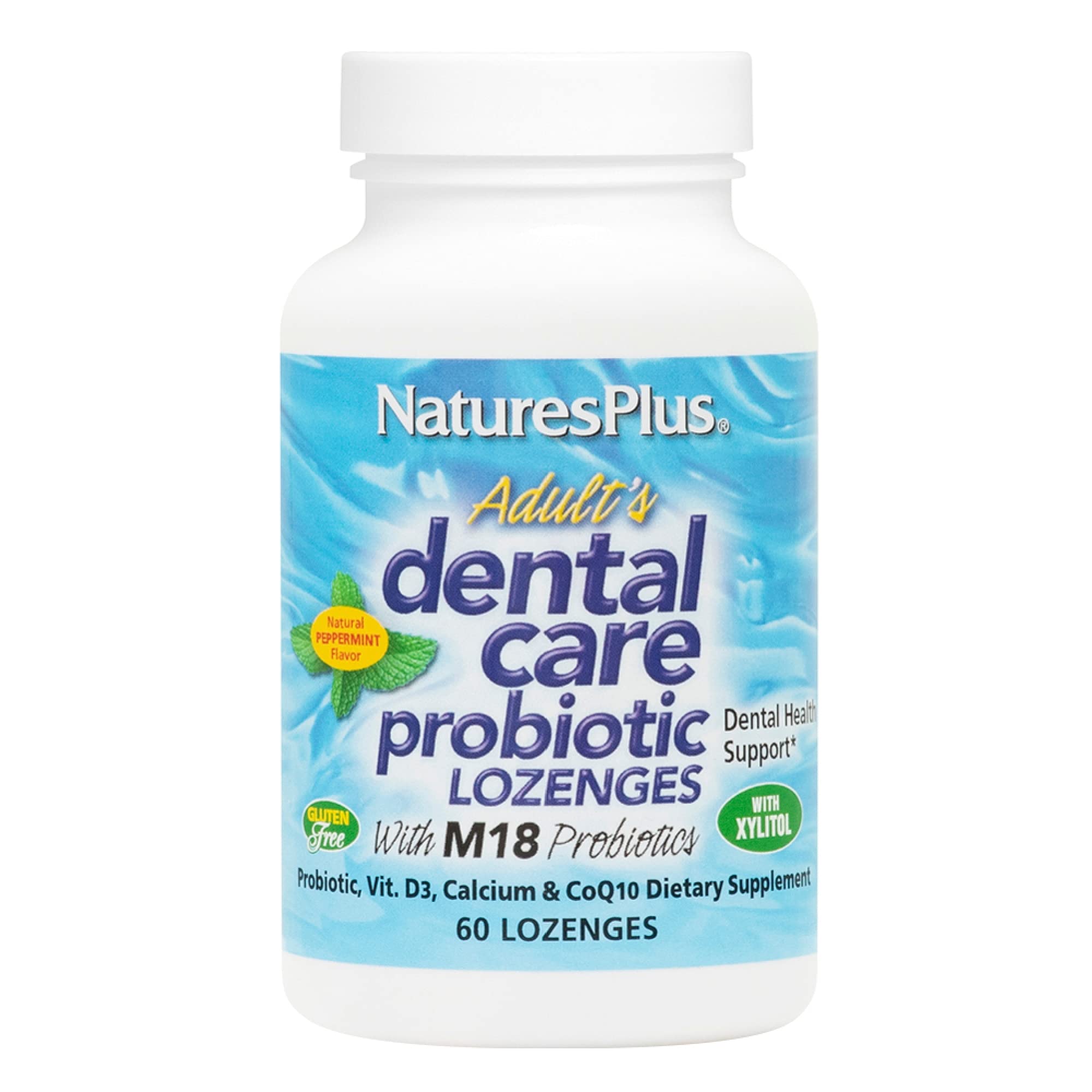 Pastillas NaturesPlus Dental Care Probiotic en bote, protección bucal y sabor a menta.