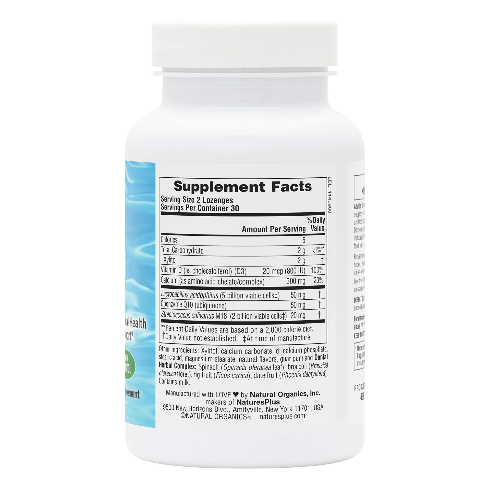 Etiqueta de NaturesPlus Dental Care Probiotic con información clara de ingredientes.