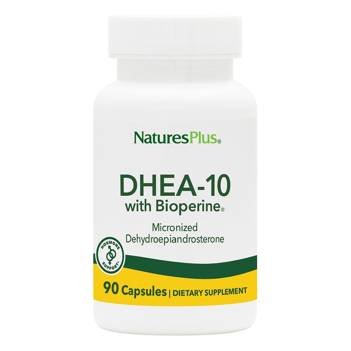NaturesPlus DHEA-10: cápsulas en frasco para energía diaria.