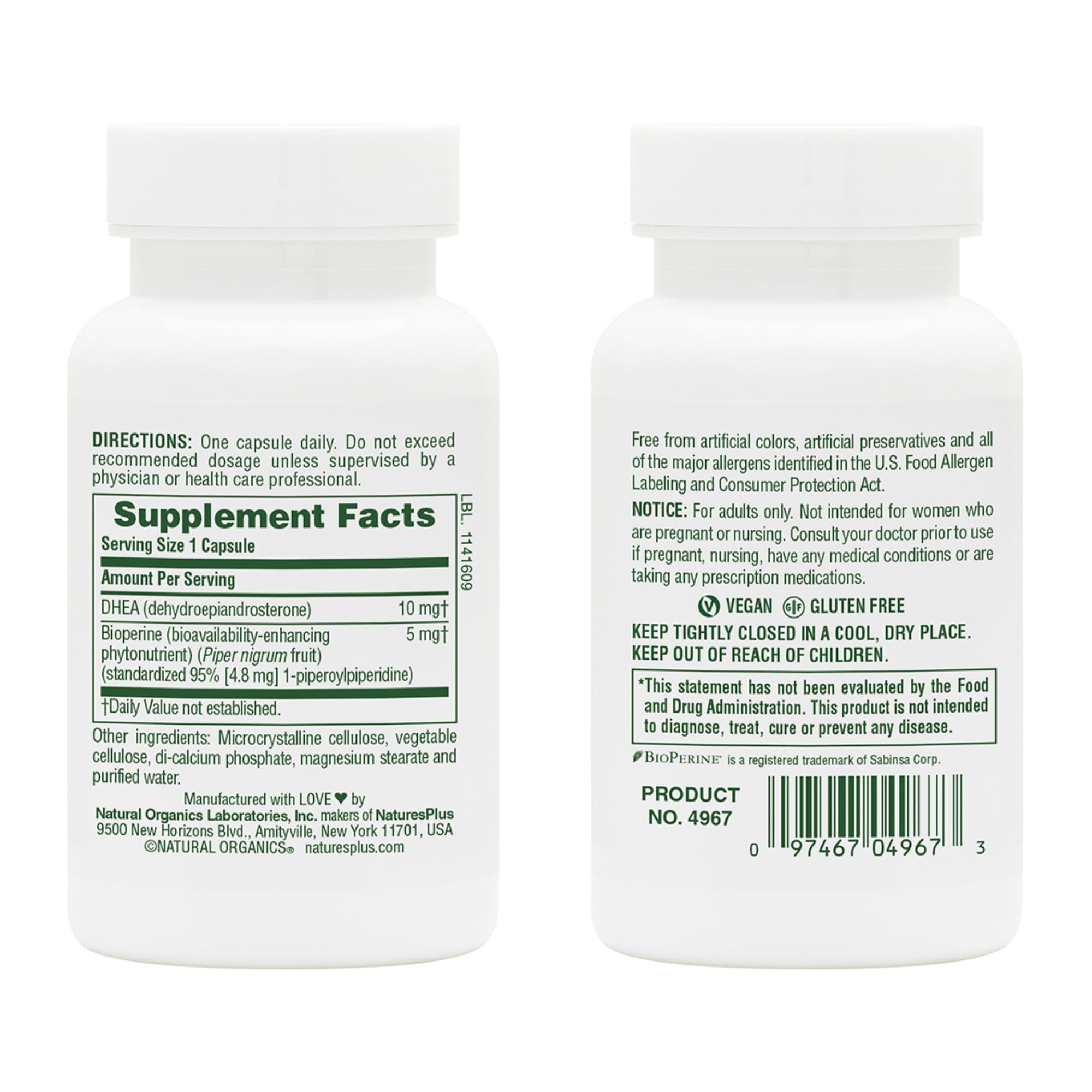 NaturesPlus DHEA-10 etiqueta frontal que destaca su fórmula vegana y sin gluten.