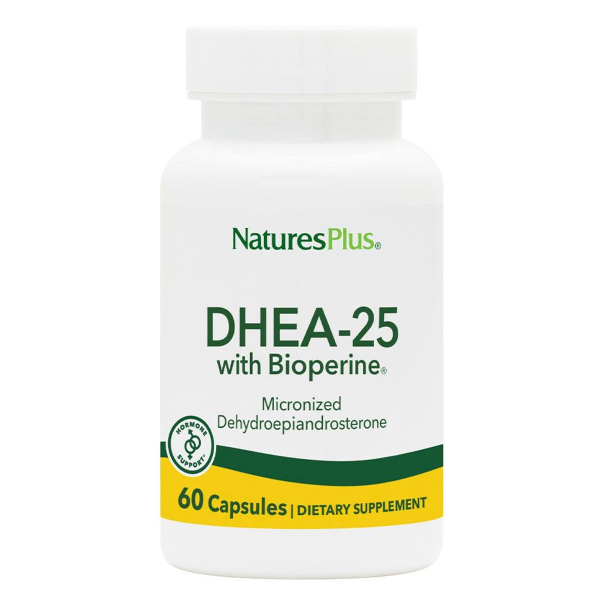 NaturesPlus DHEA-25 con Bioperine en frasco mejora la absorción para energía diaria.
