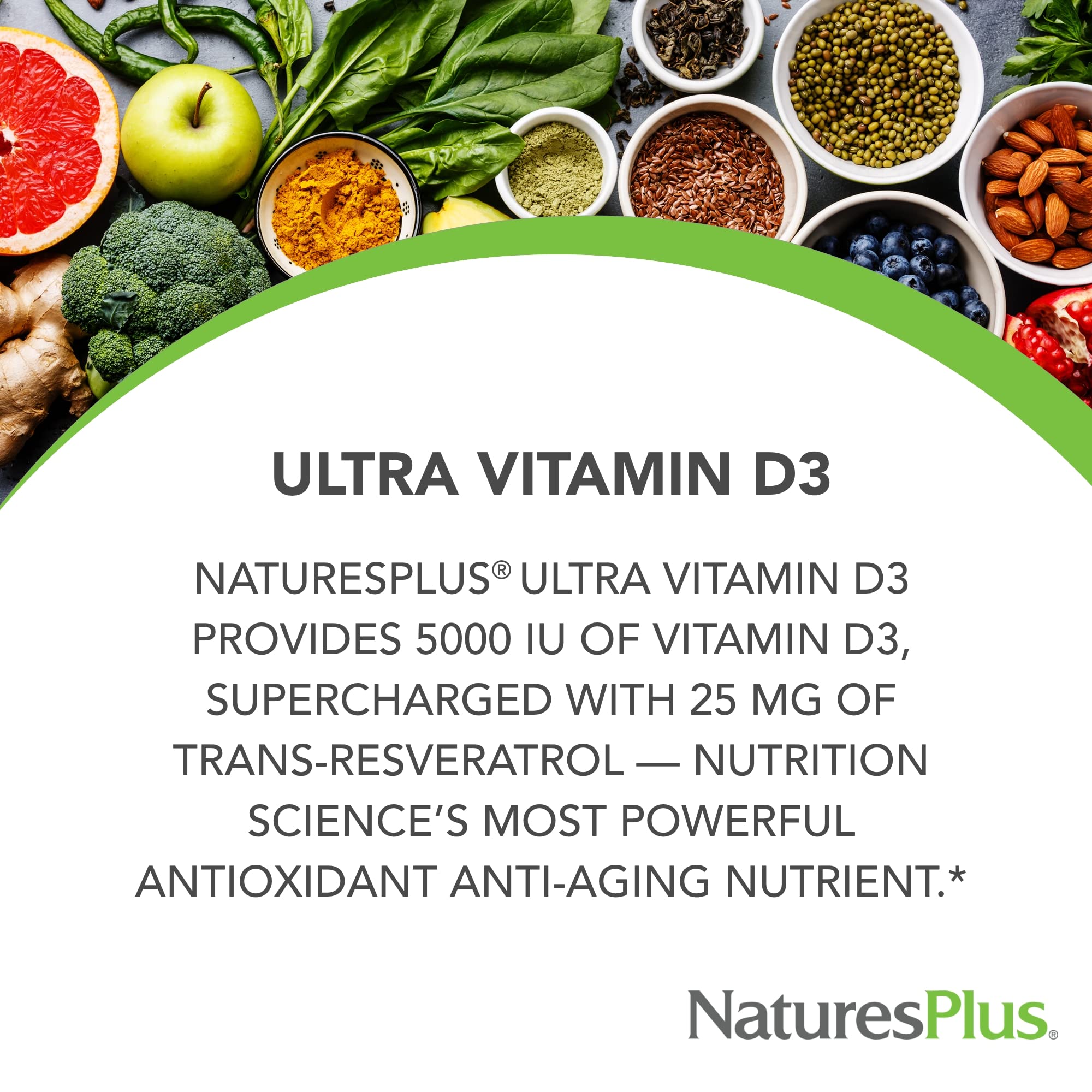 NaturesPlus Empaque con botella de Vitamina D3 de diseño actualizado.