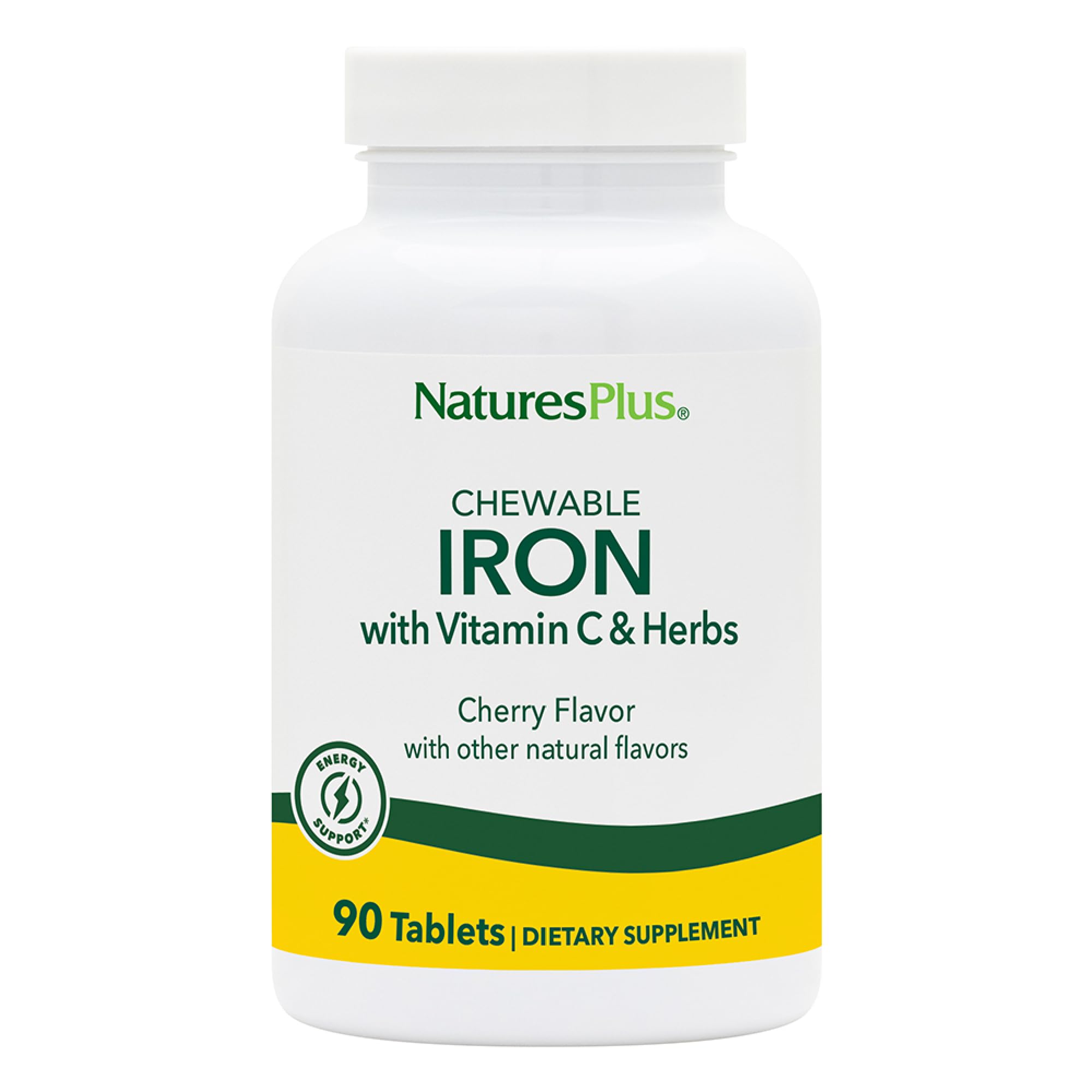 NaturesPlus hierro masticable sabor cereza, 90 tabletas, impulso diario.