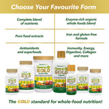 Tabletas NaturesPlus Fuente de la Vida GOLD en primer plano, textura suave para tragar fácilmente.