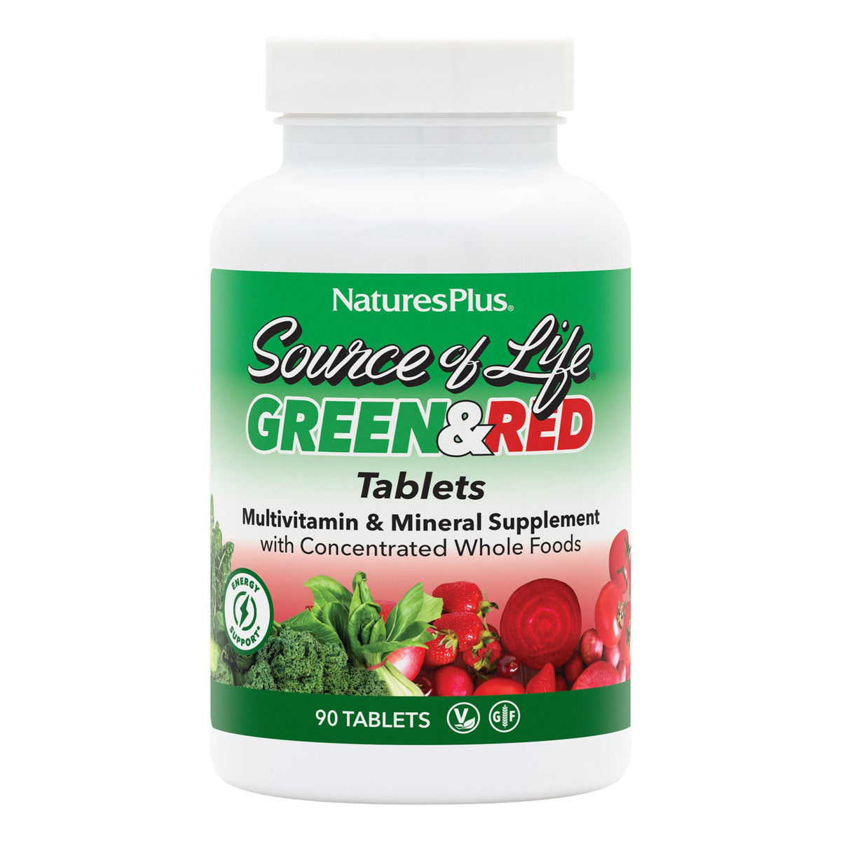NaturesPlus Fuente de la Vida verde y roja, botella frontal, apoyo diario de energía.