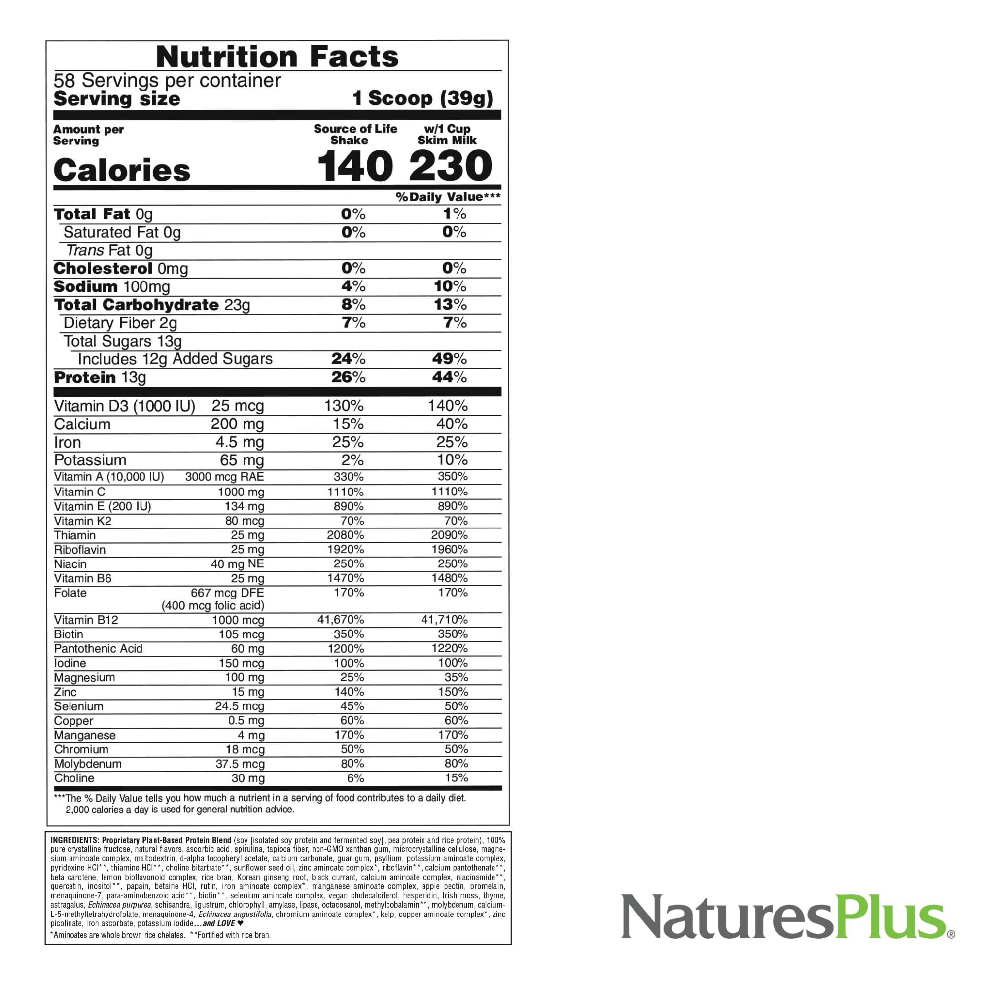 NaturesPlus Fuente de Vida Energía Shake, etiqueta con diseño actualizado y calidad garantizada.