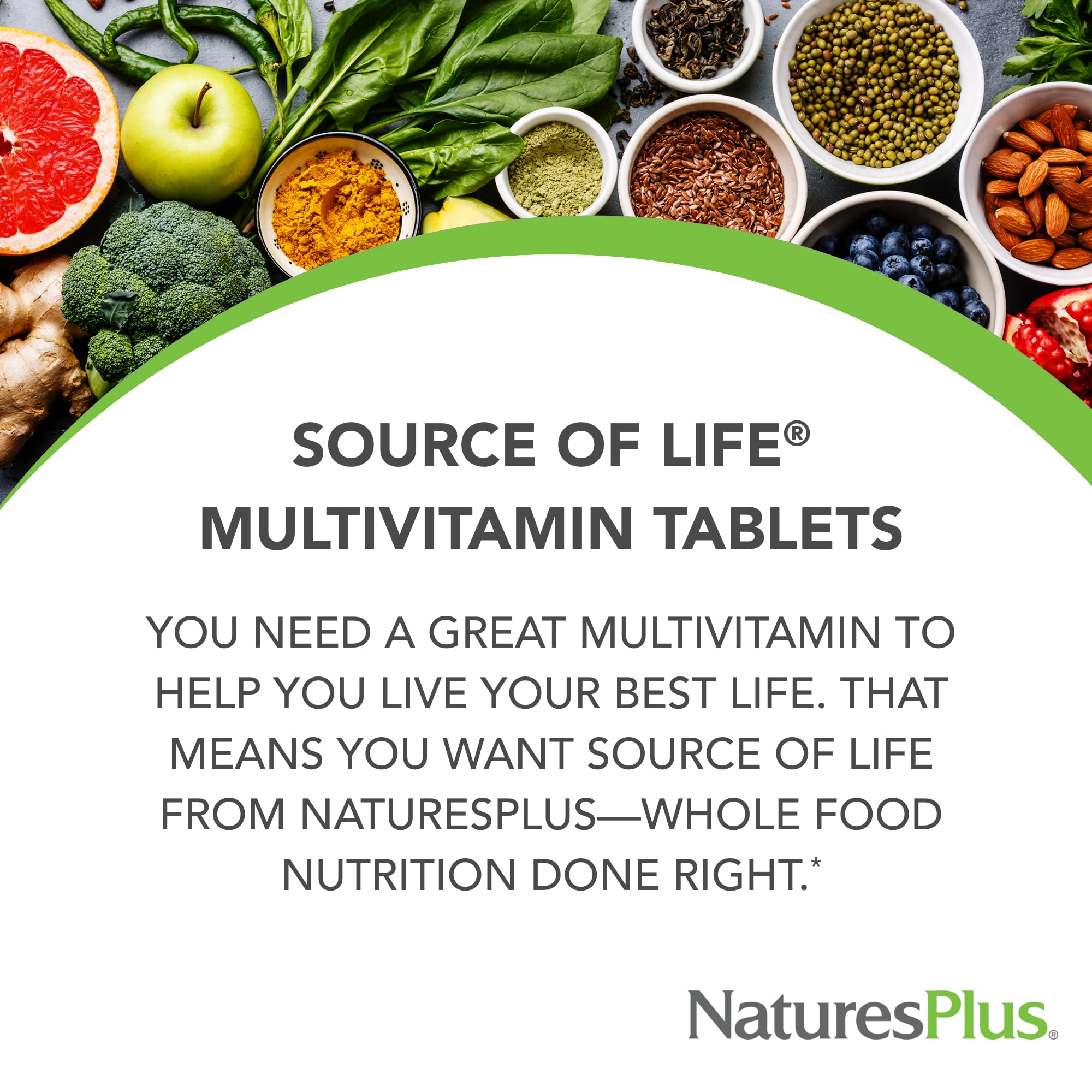 Etiqueta de NaturesPlus Fuente de Vida indica sin gluten y opciones vegetarianas.