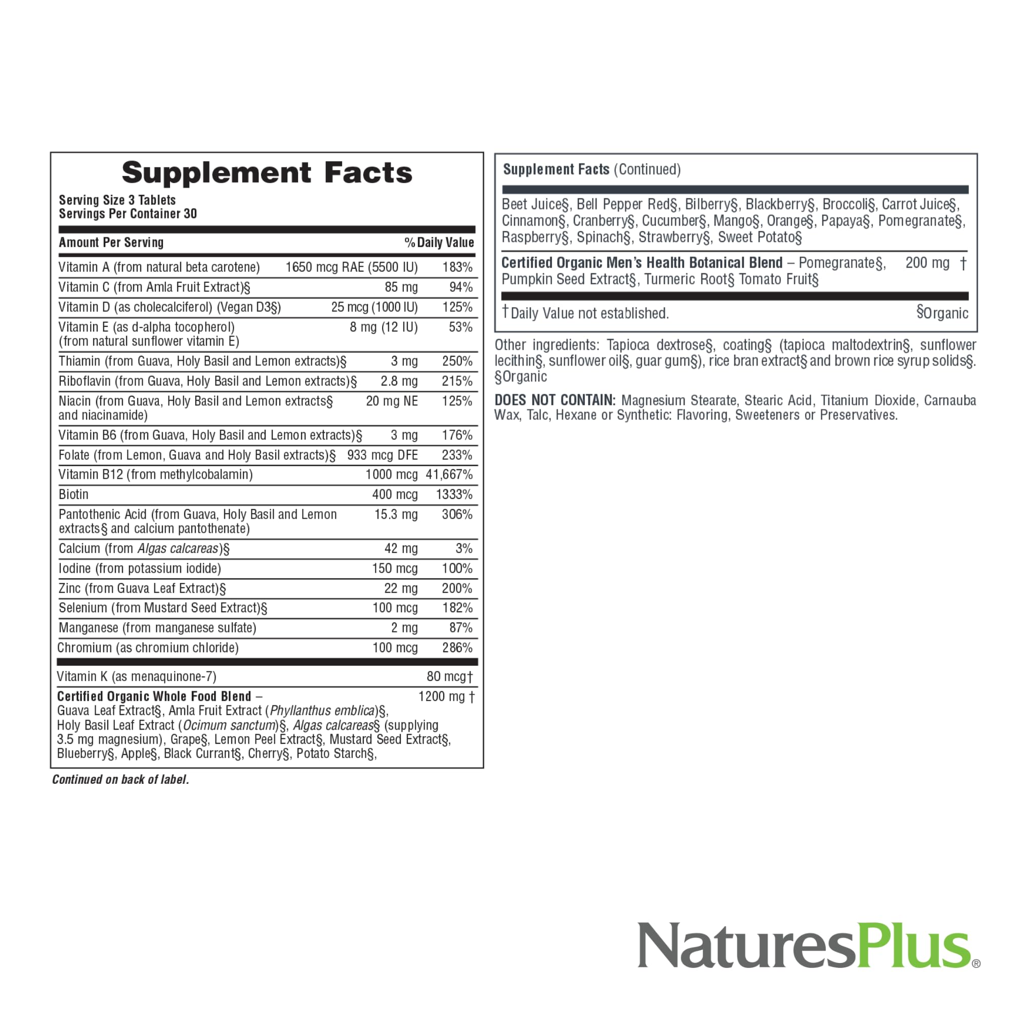 NaturesPlus Fuente de Vida Garden Hombres, envase certificado orgánico, opción libre de gluten y hierro.