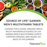 NaturesPlus Fuente de Vida Garden Hombres, primer plano de ingredientes vegetales, nutrición basada en plantas.