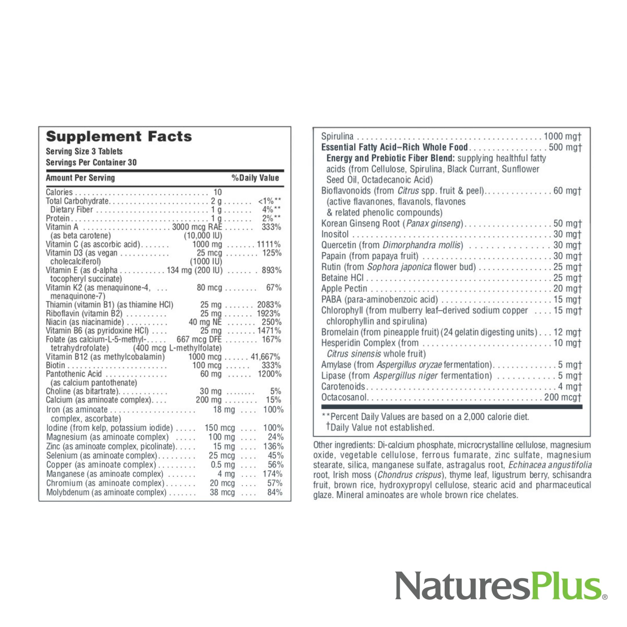 NaturesPlus Fuente de Vida: lista de ingredientes con alimentos concentrados.