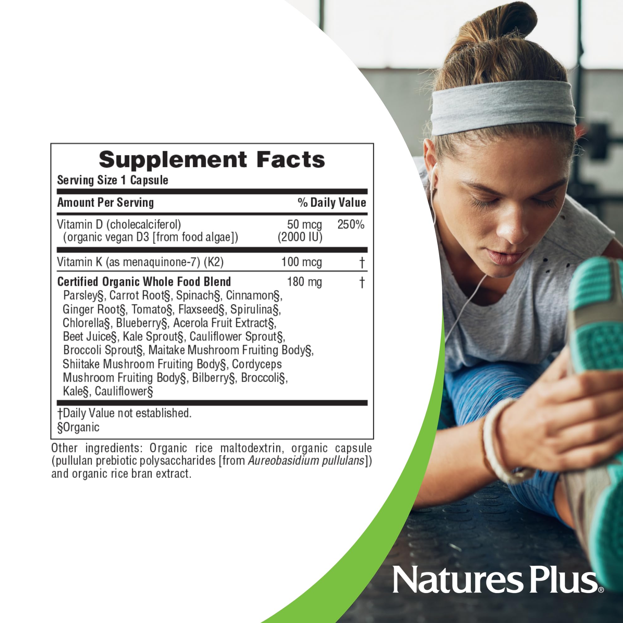 NaturesPlus Fuente de Vida Jardín D3 K2, envase resistente para uso diario.