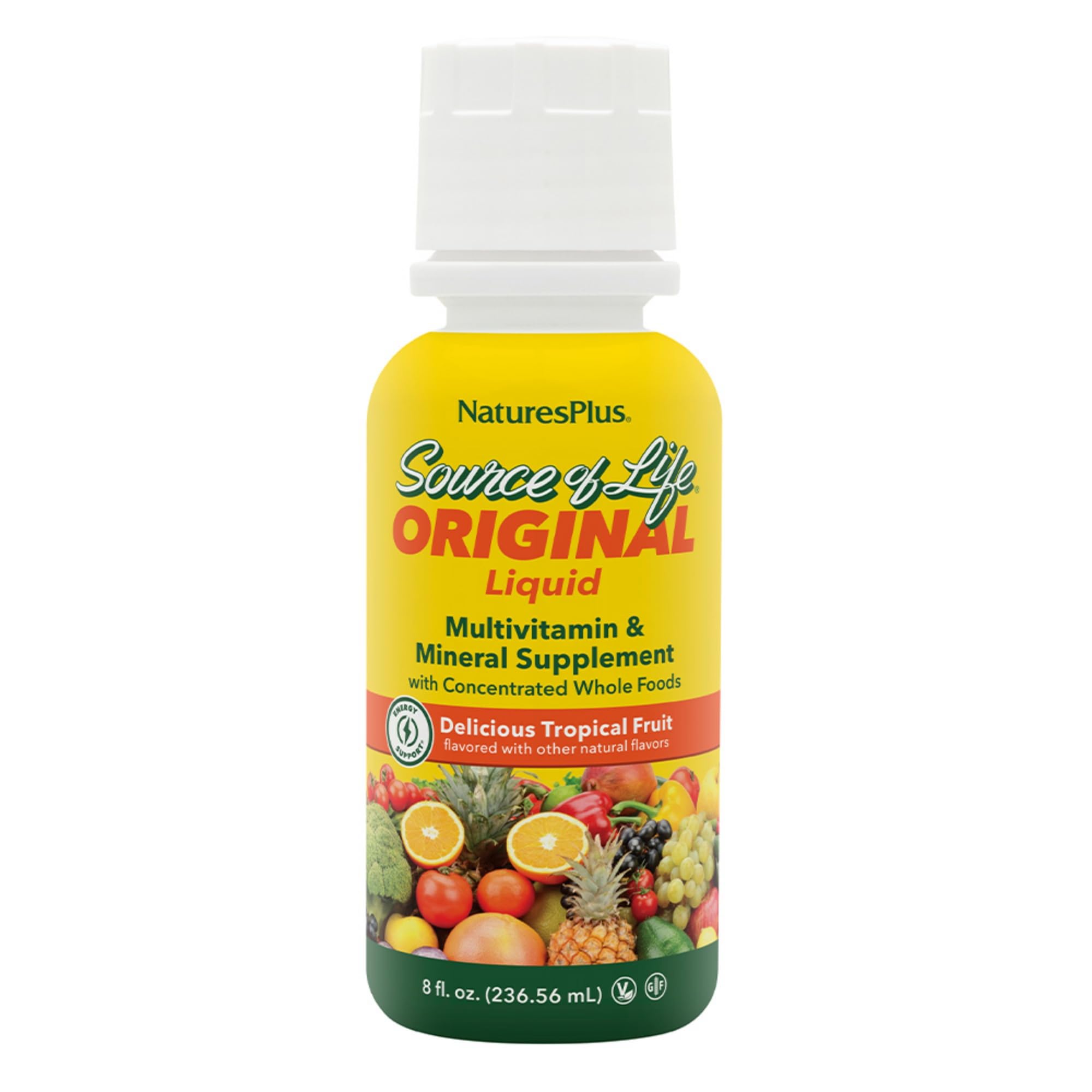 NaturesPlus Fuente de Vida Líquido en botella con sabor tropical para energía diaria.