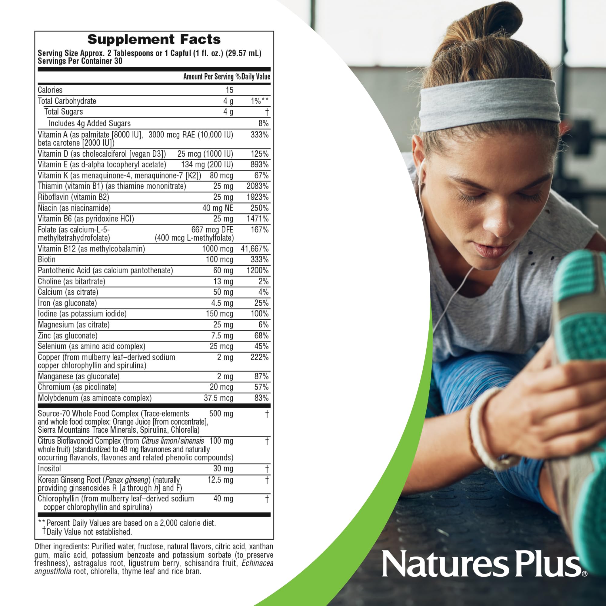 NaturesPlus Fuente de Vida Líquido: detalle de etiqueta, fórmula limpia y vegetariana.